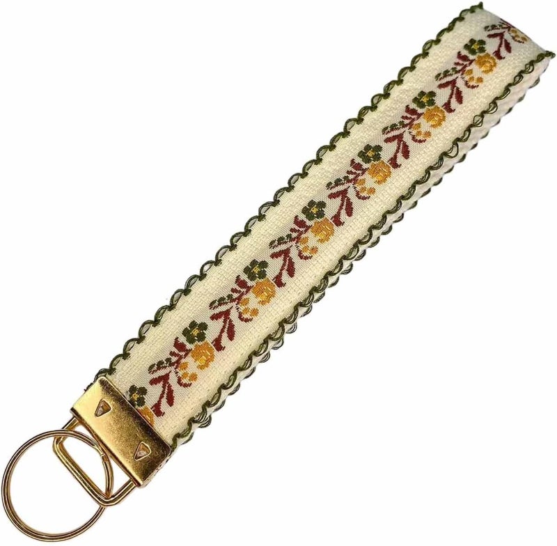 BattleTim Floral Embroidered Fabric Keychain Wristlet Key Fob Keychain Car Key Chain Holder Handmade Wristband for Women - Image 1